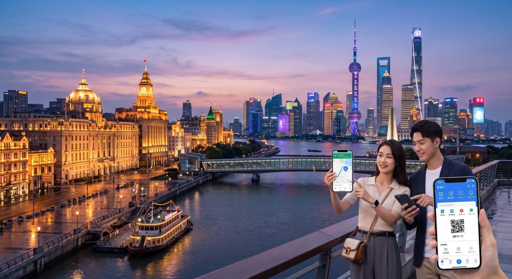 上海の夜景(外灘)を背景に、旅行に必要な「移動」と「決済」アプリの画面を表示したスマホを持った男女